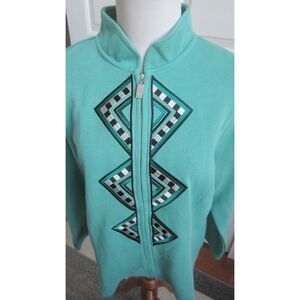 Bob Mackie Laser Cut Zip Front Embroidered Long Sleeve Teal Green Mock Collar Lg